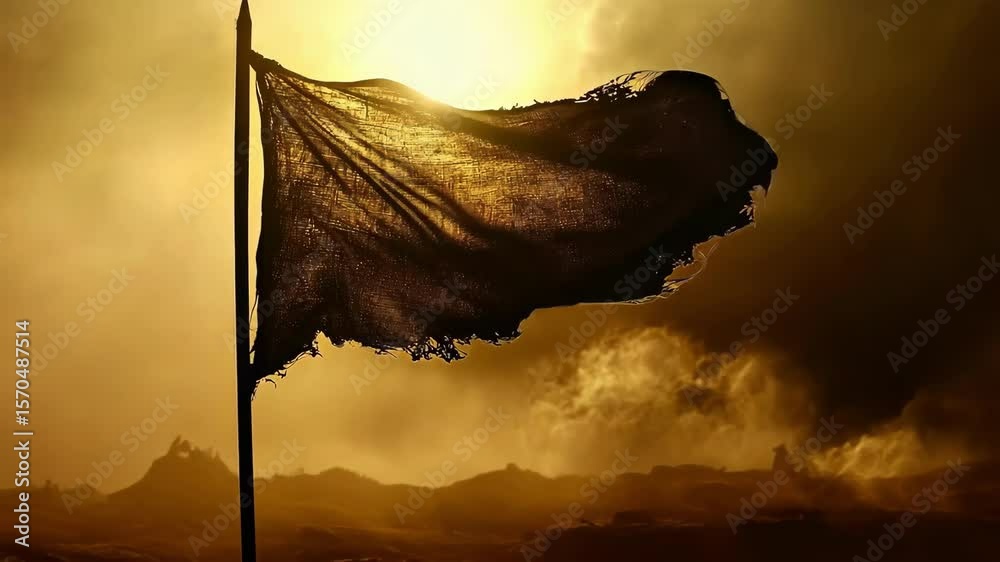 A torn flag silhouetted against a dramatic sunset backdrop.