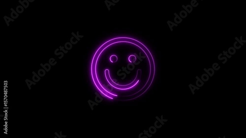 Glowing neon smile emoji icon animation on black background