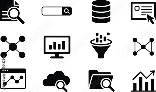 Black Data Analysis Icons Set Search Database Graph 1