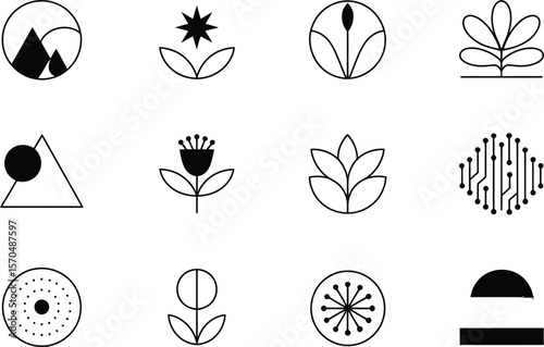 Twelve Black and White Minimalist Geometric Floral Logos