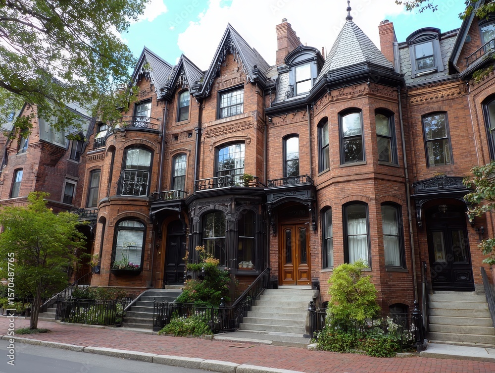 Fototapeta premium Restored Victorian Houses in Boston Urban Street - Renovated Row of Brick Semi-Detached Homes