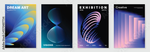 Modern gradient poster on dark background vector set. Cover template with vibrant perspective geometric shapes different. Modern Design for wall art, flyers, brochures, covers and web banners.