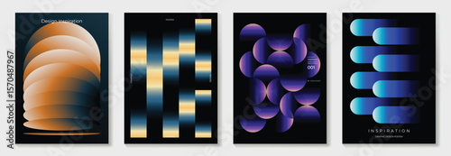 Modern gradient poster on dark background vector set. Cover template with vibrant perspective geometric shapes different. Modern Design for wall art, flyers, brochures, covers and web banners.
