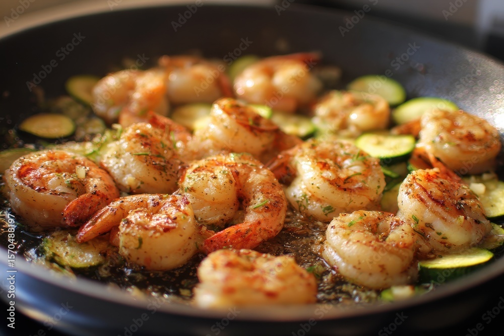 Fototapeta premium Shrimp Skillet. Frying Pan with Garlic Roasted Shrimps, Green Courgette, and Iron Skillet Meal