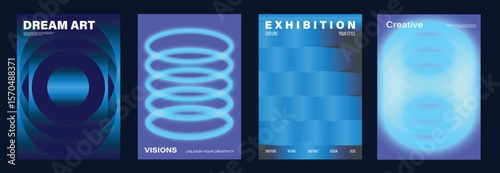 Modern gradient poster on dark background vector set. Cover template with vibrant perspective geometric shapes different. Modern Design for wall art, flyers, brochures, covers and web banners.