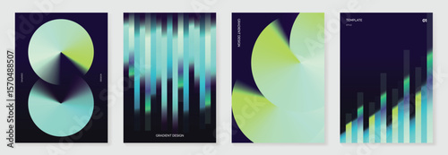 Modern gradient poster on dark background vector set. Cover template with vibrant perspective geometric shapes different. Modern Design for wall art, flyers, brochures, covers and web banners.