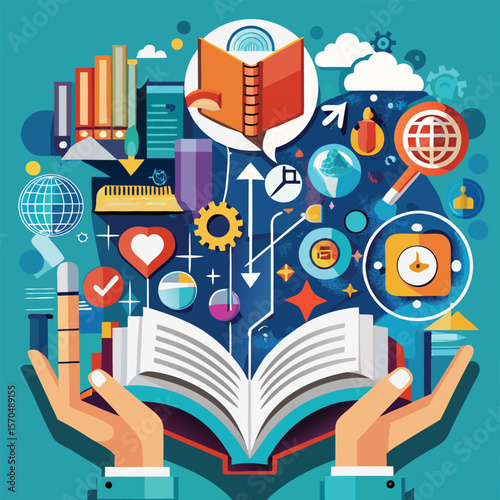 Open book with hands and educational icons representing knowledge and learning silhouette