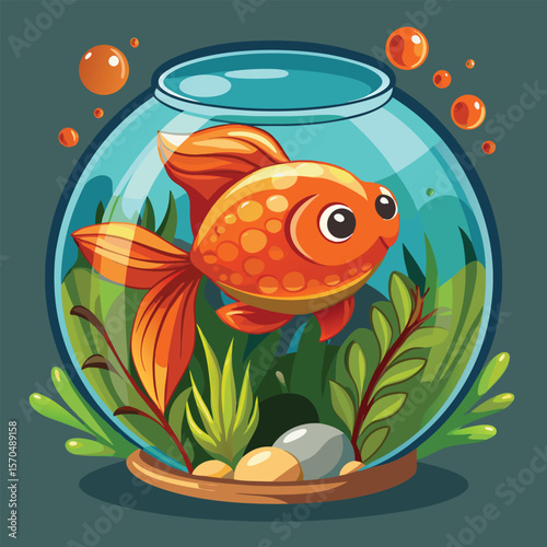 Cute cartoon goldfish swimming happily in a round fishbowl with plants and bubbles silhouette