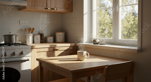 Sunlit Kitchen Interior Cozy Morning Coffee by the Window