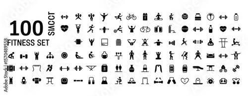 Modern fitness and sport icon set, 100 isolated vector symbols perfect for health and workout themes

