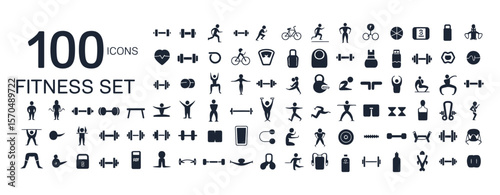 Vector set of 100 fitness and sport icons, isolated symbols on clean white background

