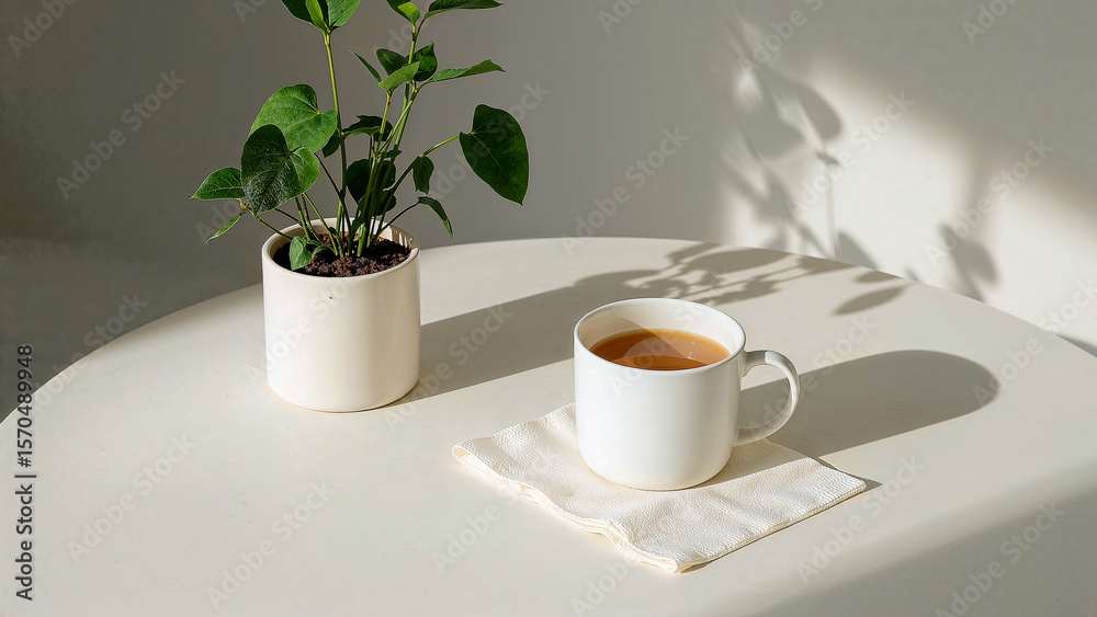 Fototapeta premium Serene minimalist home decor with sunlight and plants