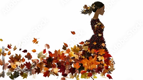 Woman Autumn Fashion Dress of Fall Leaves and berries on White, Creative Beauty, art