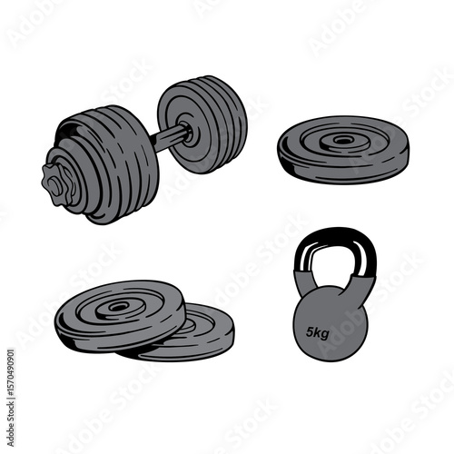 simple vector of exercise equipment dumbbells, weight plates and muscle training tools