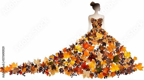 Woman Autumn Fashion Dress of Fall Leaves and berries on White, Creative Beauty, art