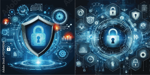 Cybersecurity concept with digital lock and data shield icons