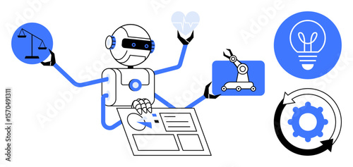 Robot multitasking with scales, heart, robotic arm, and digital interface, representing automation, innovation, balance, creativity AI ethics decision-making and research. Ideal for tech concepts