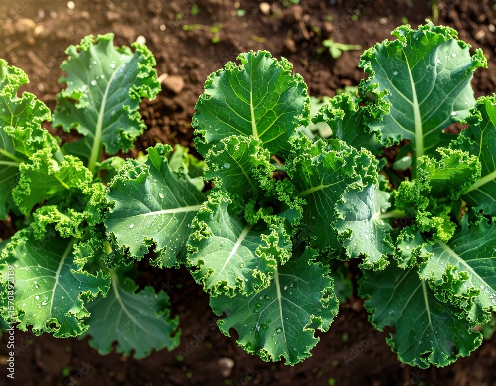Naklejka premium Fresh Organic Kale Leaves Growing in a Sustainable Garden Setting