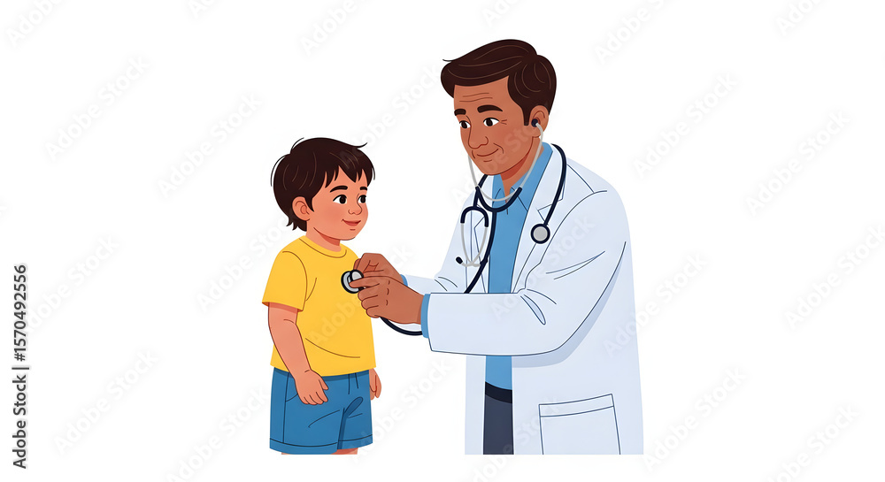 Fototapeta premium A doctor examines a young child's chest using a stethoscope during a medical checkup.