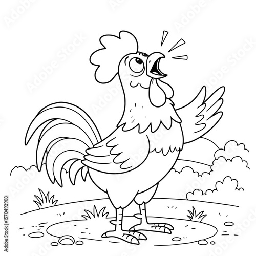 A proud cartoon rooster with a large comb and outstretched wings crows energetically in a grassy outdoor scene, surrounded by bushes and detailed tail feathers in a black-and-white style.