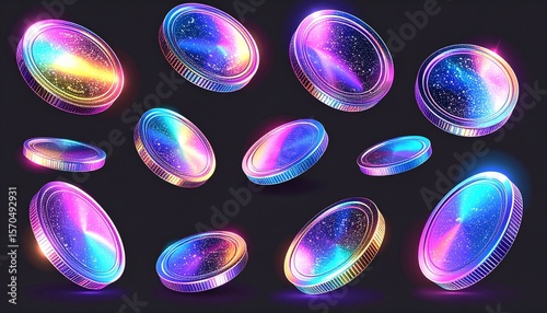 3D set holographic or neon coins with different angles. Symbol of gold and wealth. 