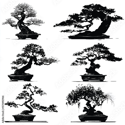 bonsai tree silhouette set, Black & White silhouette set 