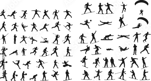 Collection of silhouette sportsmen in action, including running, skiing, snowboarding, cycling, parachuting, vector figures for fitness, athletics, extreme sports