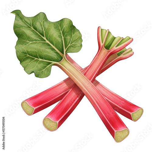 Illustration of Fresh Rhubarb Sticks and Leaves Isolated Transparent