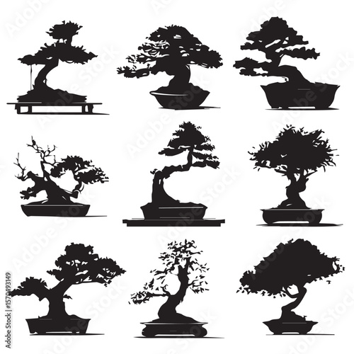 bonsai tree silhouette set, Black & White silhouette set 