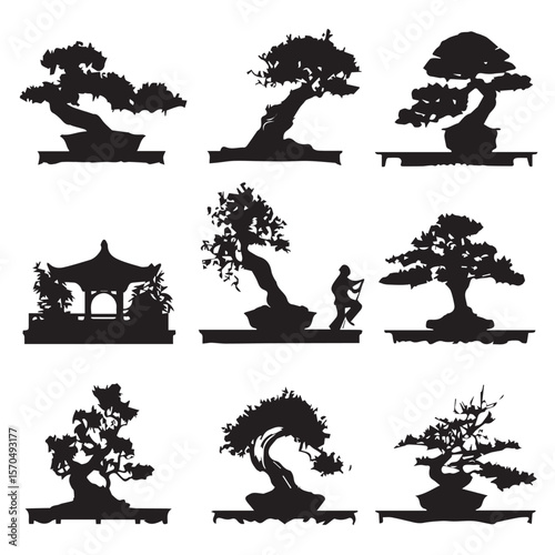 bonsai tree silhouette set, Black & White silhouette set 