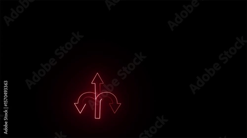 Abstract neon glowing direction arrow sign icon animation. arrow directional 3 side red arrow animation. 4k video.
