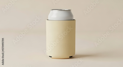 Metallic Beverage Can In Beige Wooden Insulator on A Neutral Background Vertical Studio Shot