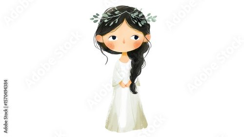Watercolor illustration of an adorable dark-haired girl with braided hair wearing a long white First Communion dress and delicate flower wreath, full-body front view on transparent background