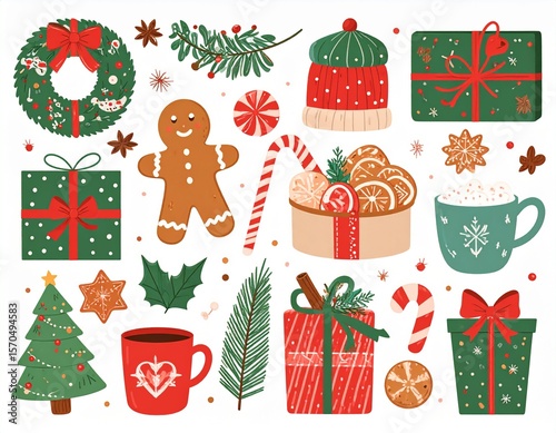 Christmas elements set. Colorful vector holiday items. Christmas illustration.