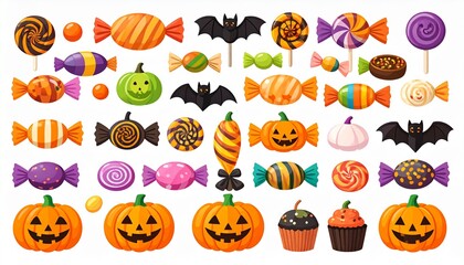 Halloween candy set. Holiday sweets collection. Vector illustrations