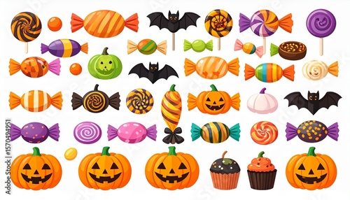 Halloween candy set. Holiday sweets collection. Vector illustrations