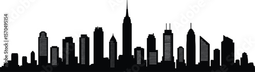 Modern city skyline silhouette, urban high-rise buildings, black cityscape vector, downtown skyline scene, architectural skyline illustration, skyscraper skyline art