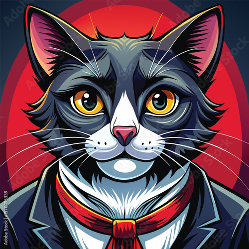 Stylized portrait of a sophisticated cat wearing a suit and red tie silhouette