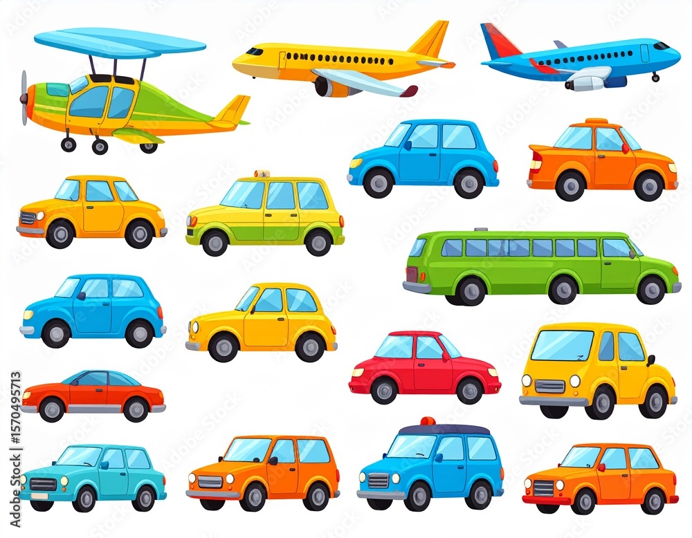 Fototapeta premium Funny cartoon transportation, cars and airplanes set of vector icons