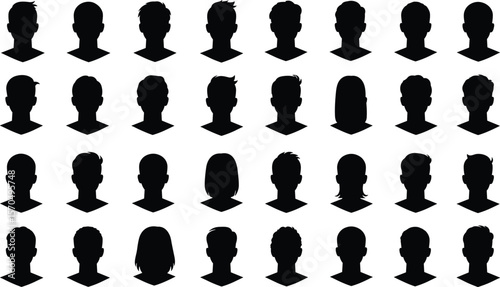 Silhouette avatar collection, male and female head icons, black vector illustration, front view, isolated design, digital profile pack
