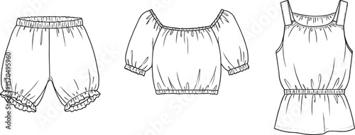 Girls’ ruffle shorts, off-shoulder top, and sleeveless dress fashion technical flat sketch vector template, elastic waist design