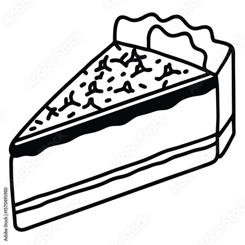 Black and white slice of cake with toppings isolated on white background