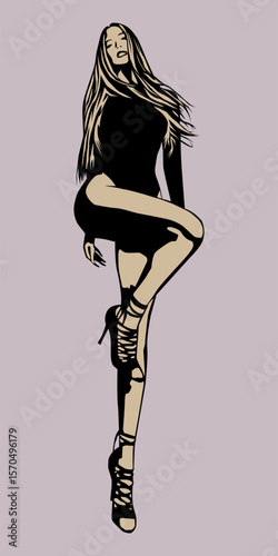 Sexy woman in short black bodysuit in seductive pose. Vector illustration for your beauty style design and creation of elegant and expressive illustrations