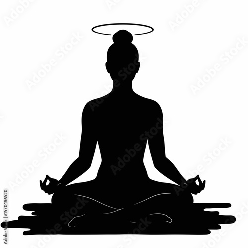 Silhouette of a meditating figure with halo on tranquil background  