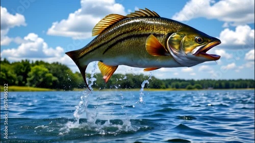 Vibrant Wildlife Dynamic Closeup of Fish Leaping from Water, Showcasing Natures Beauty Against Blue Sky and Fluffy Clouds, Capturing Thrill of Outdoor Adventure