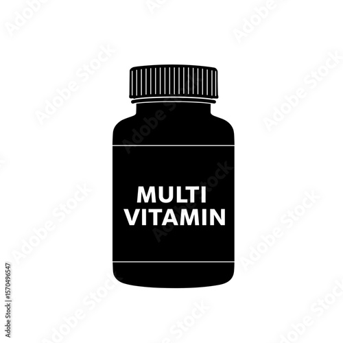 Black multivitamin bottle with label on white background  