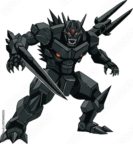 Black armored creature with blades, spikes, and glowing red eyes in a dynamic pose.