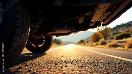 Low angle view of vehicle on asphalt road, undercarriage visible against serene landscape, warm sunlight enhances exploration and adventure in natures embrace
