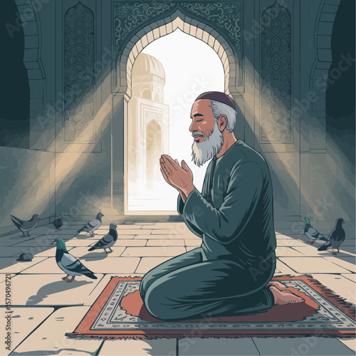 Elderly Muslim Man Praying at Sunrise in Mosque Courtyard