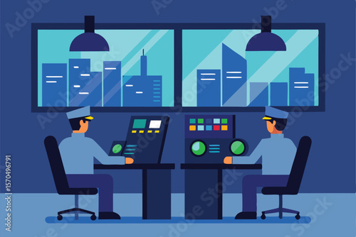 City Surveillance Control Room With Two Security Officers